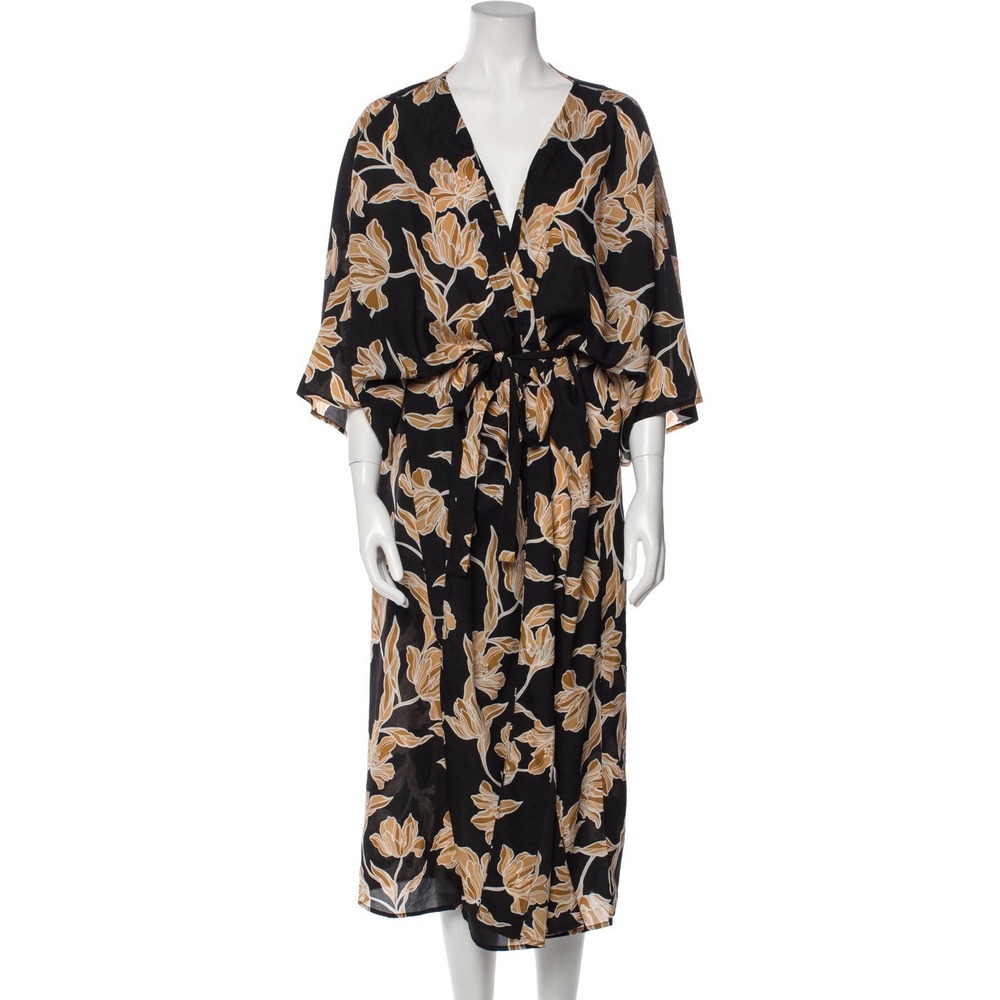 Maison du Soir Floral Kimono Robe Topper S/M Black Gold Floral Open Front‎